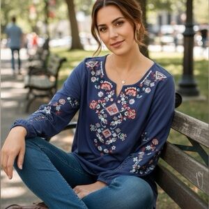 Soft surroundings PARO Tunic blue embroidered